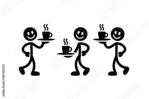 Stick figures carrying steaming coffee cups on saucers with smiles