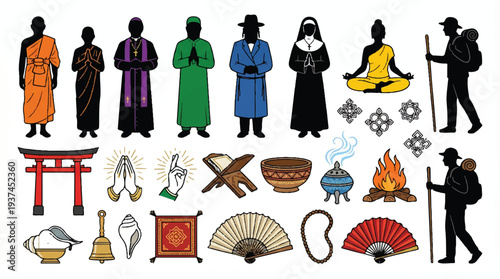 Collection of Religious Figures and Symbols: Diverse Faiths Represented in Flat Design.