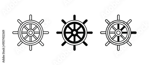 Ship wheel icons in black and white, nautical steering wheel symbols, vector graphics