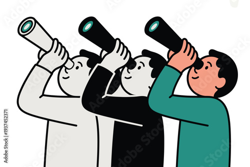 Three cartoon men looking through binoculars, observing, searching, discovery, exploration, teamwork