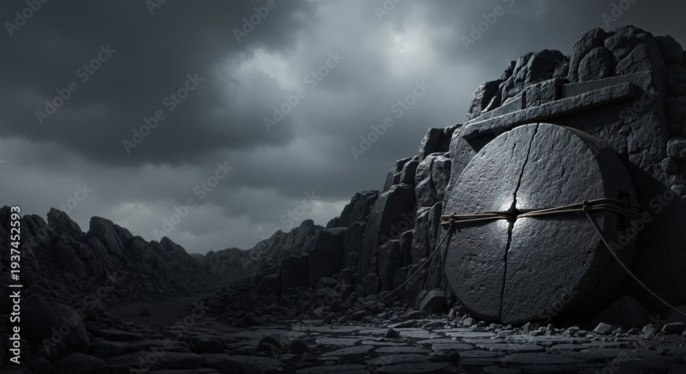 Fototapeta premium Large cracked stone sealing an ancient tomb entrance. Biblical resurrection concept with dark stormy sky. Easter religious background