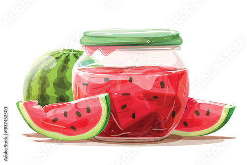 A glass jar filled with vibrant watermelon jam isolated
