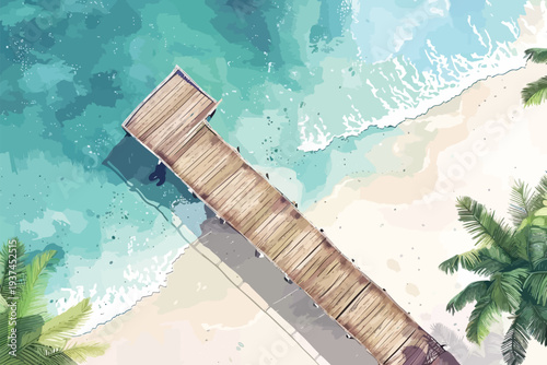 Aerial view of pier on tropical beach coast isolated