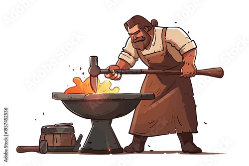 Blacksmith shaping hot metal on an anvil with a hamme isolated