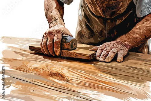 Carpenter sanding a wooden plank with precision close isolated