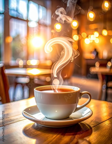 Steaming Coffee Cup with Question Mark Steam in a Warm Cafe Setting.