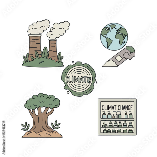 Climate change concept with pollution, earth, tree, and impacts illustrated in hand drawn style for environmental awareness and education