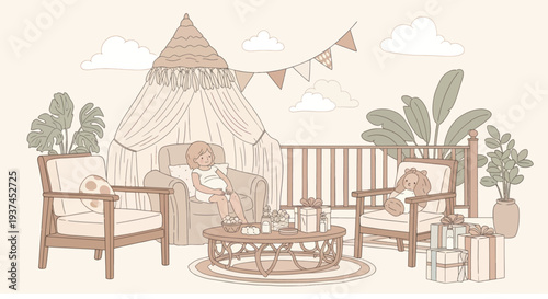 Cozy kids room with armchairs, canopy tent, toys, gifts and plants, calm pastel interior illustration ideal for children's decor or birthday party themes