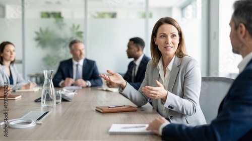 Woman in grey suit actively gesturing and speaking during a business meeting in a bright, modern conference room, colleagues in background, engaged in discussion at a wooden table, teamwork, 200