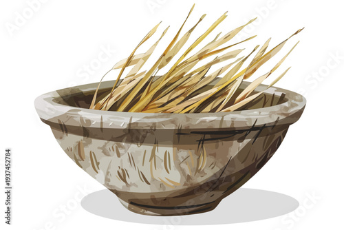oat straws in stone bowl isolated