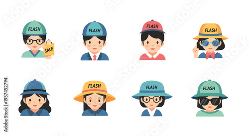 Diverse cartoon avatars wearing caps and hats with flash text, representing different styles and activities, ideal for profile icons and digital use