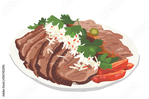 sliced Turkish doner served with rice pickled vegetab isolated