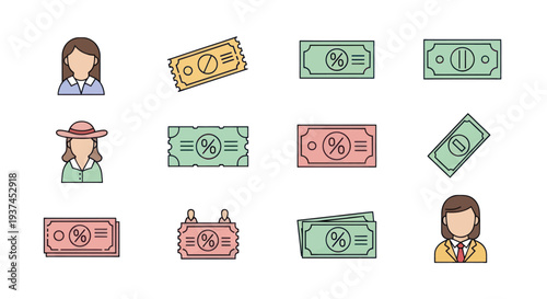 Flat icons of diverse people and discount coupons with percentage signs, vouchers and tickets for marketing, sales, and business promotions