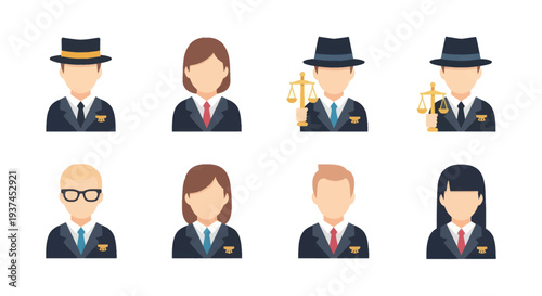 Flat style male and female lawyer avatars with justice scales icon, professional business people icons for legal and law firm design