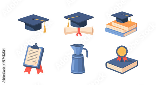 Graduation cap with diploma, books, clipboard, and award icons set, education and achievement concept for learning and academic success