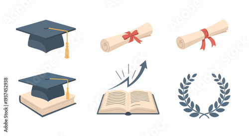 Graduation icons collection including mortarboard caps, diplomas, open book with growth arrow and laurel wreath, perfect for education and achievement design