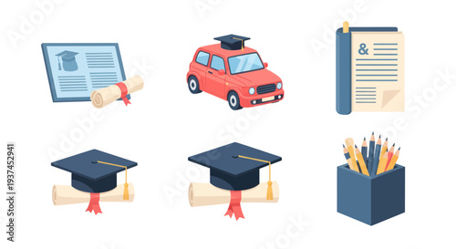 Graduation cap and diploma icons with certificate, legal document, car with cap, and pencil holder, education and achievement concept illustration