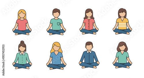 Group of diverse people meditating in lotus position line art illustration, yoga and mindfulness concept for wellness and relaxation
