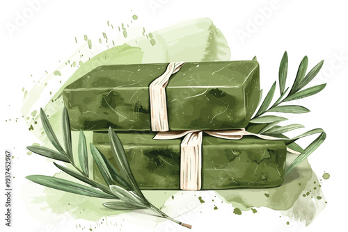 Two handmade soap bars in a natural green hue with a isolated