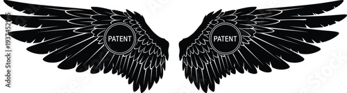 Black Silhouette Angel Wings with Patent Text Inside Oval Frames intellectual property protection