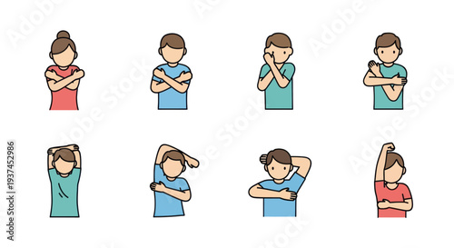 People performing various arm stretches and exercises in simple flat design, fitness and wellness concept, ideal for health and workout illustrations