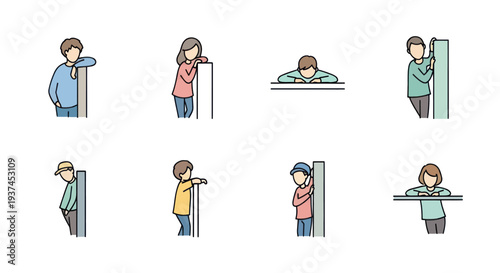 Set of diverse illustrated children leaning on or peeking from behind objects, minimalistic flat design, perfect for educational or playful content