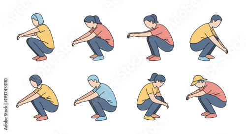 Set of diverse people performing different types of squats in casual clothing flat vector illustration for fitness and exercise concepts