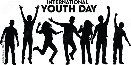 Celebrating international youth day with diverse and energetic young people raising their hands.