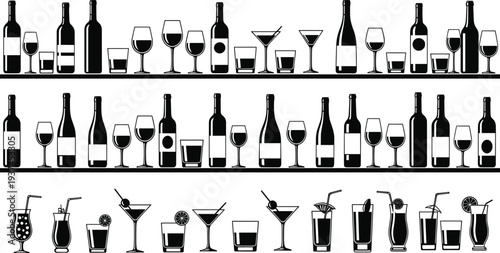 Silhouette icon set of wine, liquor, and cocktail glasses with bottles and garnished drinks, black vector artwork for bar design