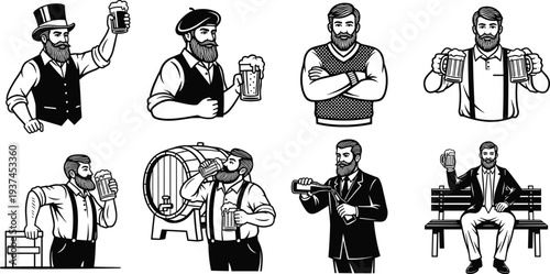 Vintage and modern bearded men drinking beer, holding mugs and barrels, bartender serving ale, cultural illustrations of beer lovers