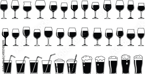 Collection of wine, cocktail, beer, and soda glass silhouettes in rows, diverse drinkware shapes for beverage, bar, and hospitality design