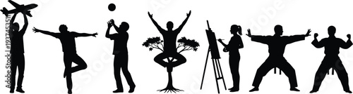 Children Silhouettes Set featuring Kids Playing with Balloons, Flying Kites, Jumping Rope, and Outdoor Fun for Childhood Celebration and Design