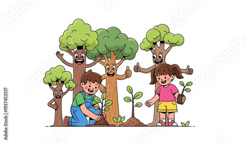 Eco tree friends vector illustration with kids planting trees and promoting green environment