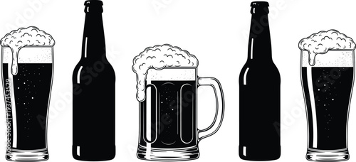 Black and white vector illustration of five classic beer containers including pint glasses bottles and mugs with frothy foam accents