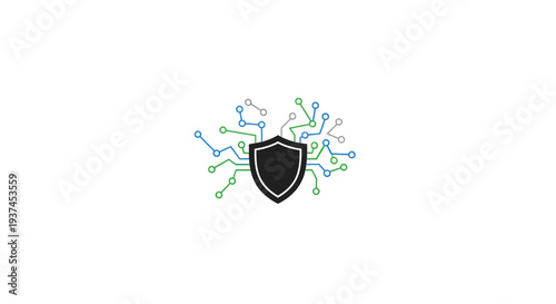 Black shield with colorful virus particles.