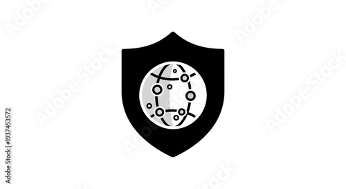Black shield with molecular design.