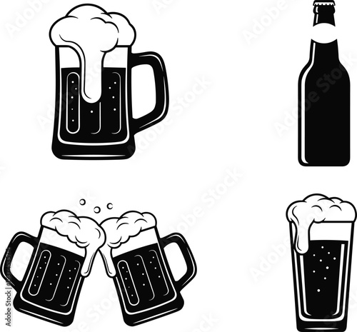 Monochrome beer icon panel featuring overflowing mug closed bottle clinking mugs and tall glass celebrating social toasts and beer culture