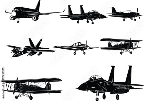 aircraft silhouette collection military fighter jet airplane aviation transport plane vector illustration flying vehicle set