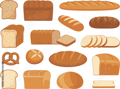 Assorted bakery bread loaves baguettes slices and pretzels isolated on white background flat vector illustration