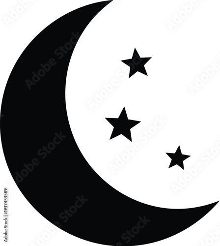 Symbolic depiction of crescent moon with three stars in a minimalist design