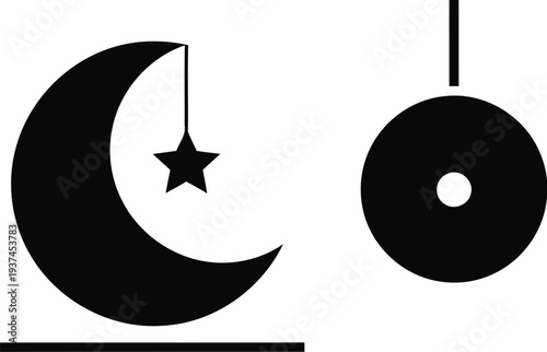 Crescent moon and pendulum symbol depicted in minimalist black and white design