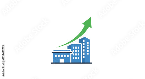 Blue Building with Green Arrow Rising.