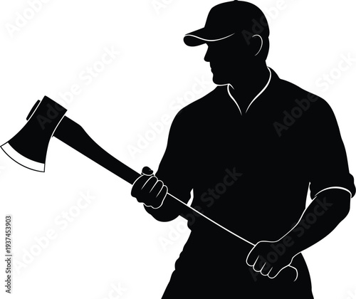 Silhouette of a person holding an axe with a determined stance