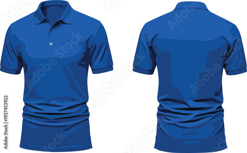 Blue polo shirt front and back view mockup, realistic casual short sleeve collar t-shirt template isolated on light background for fashion apparel design presentation
