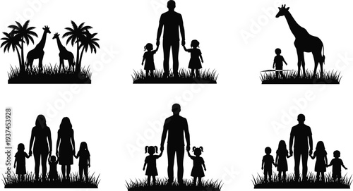 Vector silhouette collection featuring happy parents with children in nature alongside wild giraffes standing among tropical palm trees and grass.
