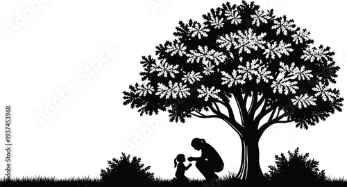 Vector illustration of a mother and child silhouette interacting playfully outdoors beneath a beautiful large leafy tree with grass and bushes.