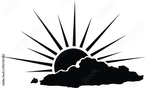 A serene depiction of a sun rising behind a single cloud on a clear horizon