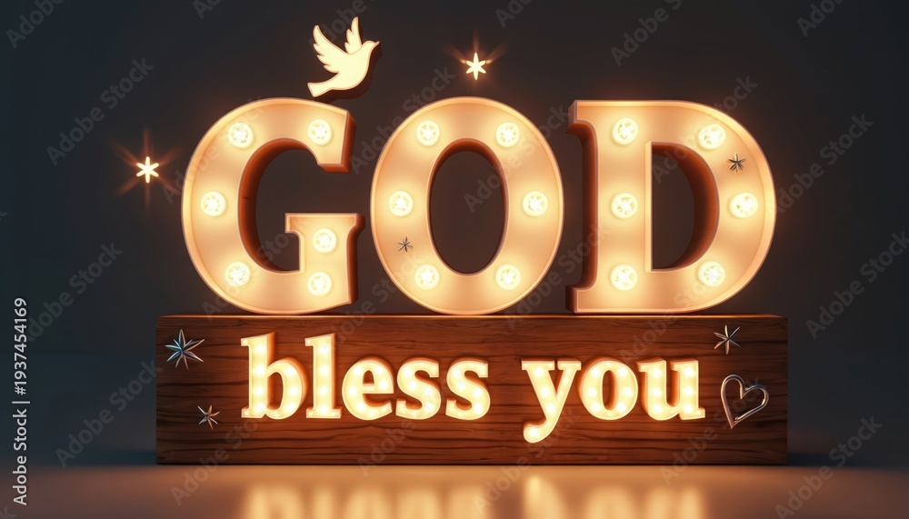 Obraz premium Glowing marquee letters spell God bless you over wood base. A dove hovers above the message with sparkling stars and heart accents. This decorative phrase is lit with warm light bulbs.