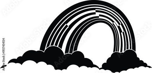 A whimsical black and white illustration of a rainbow arching over a bird