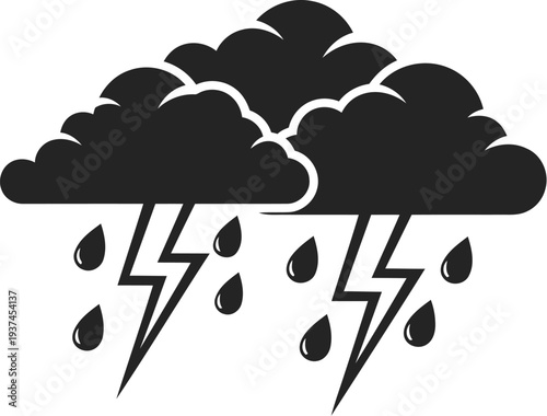 A depiction of a cloud releasing heavy rainfall with lightning bolts